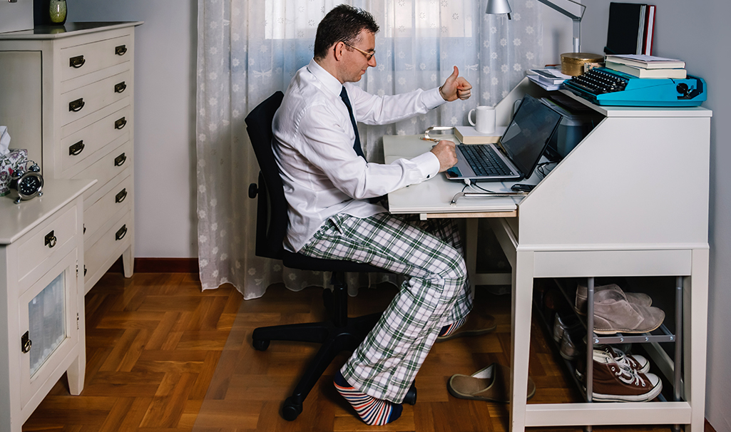 Man working from home without dress pants