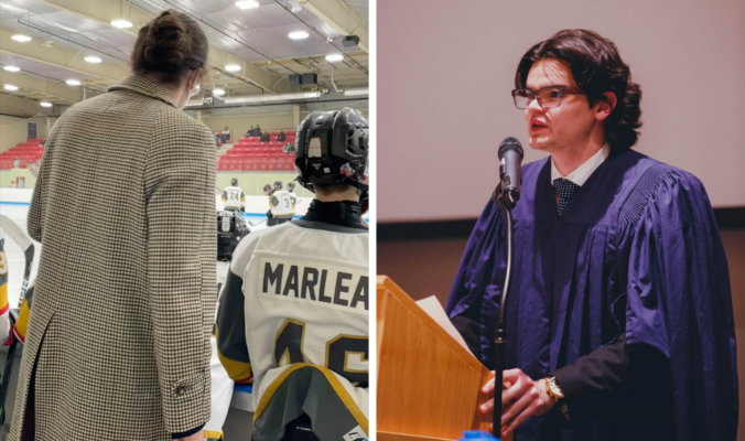 On the left there is an image of Will managing a minor hockey team and on the right there is an image of Will particpating in debate club